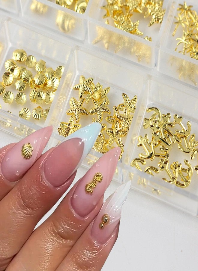 CJDLTS Gold Ocean Style Nail Accessories Golden Metal Starfish Shell Seahorse Jellyfish Nail Art Glitter Sequins 3D Gold Nails Supplies Jewelry Studs Nail Decoration Kit Suitable for Women Acrylivc Nail - Image 5